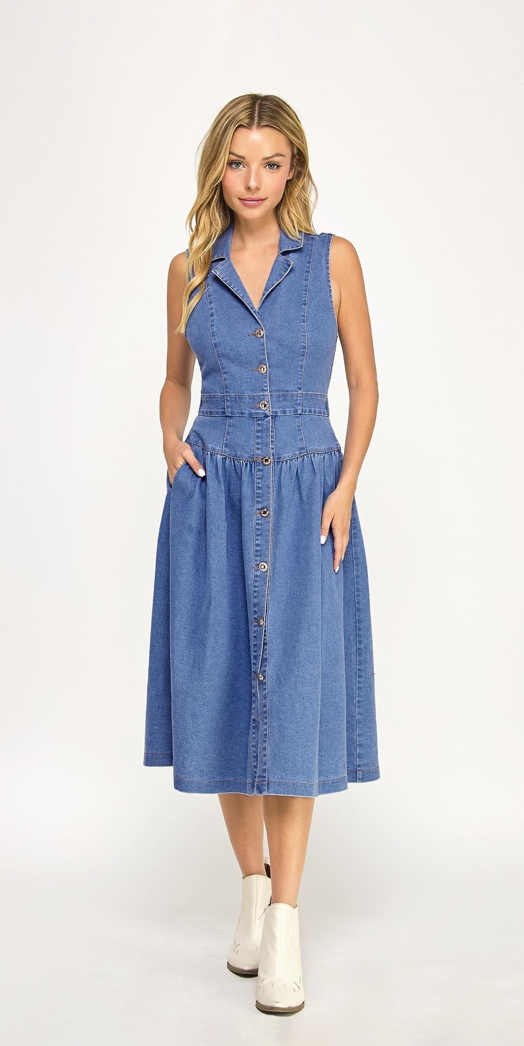 COLLARED NECKLINE BUTTONDOWN DENIM MIDI DRESS