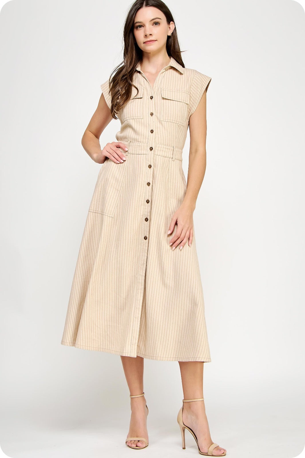 chinese dress ladies 100% Linen Contrast Panel V-Neck Layered Lapel Midi Shirt Dress PERSEPHONE, Sage Khaki / M main image 1