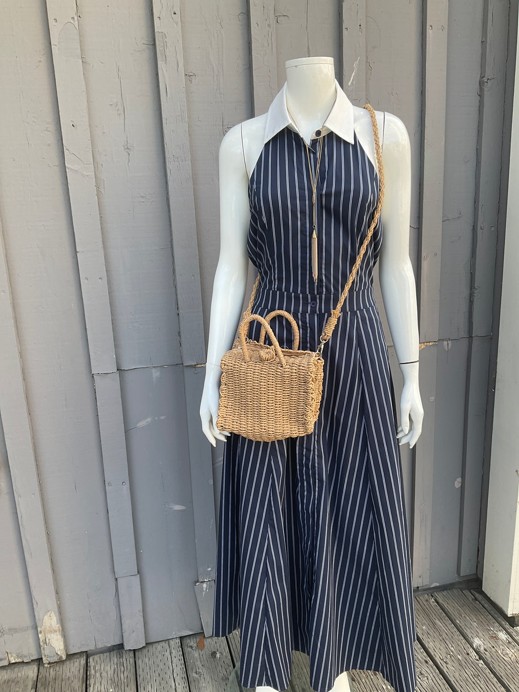 HYD0086 Collar Halter Neck Striped Maxi Dress