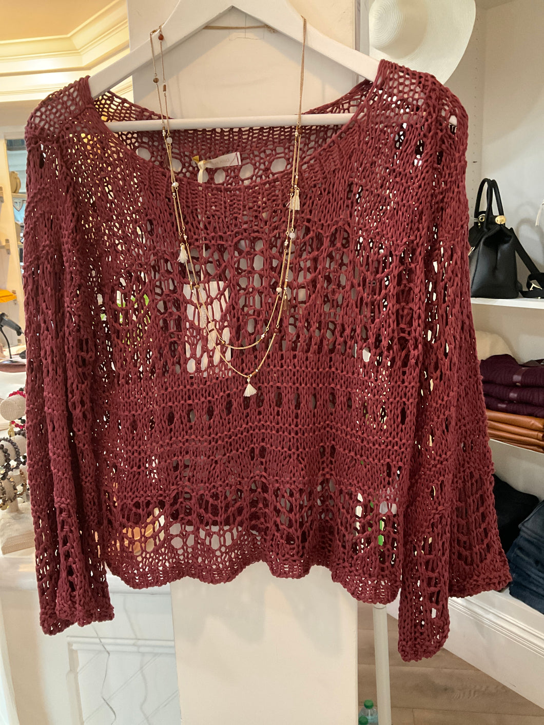 8008 Wine Crochet Long Sleeve Top